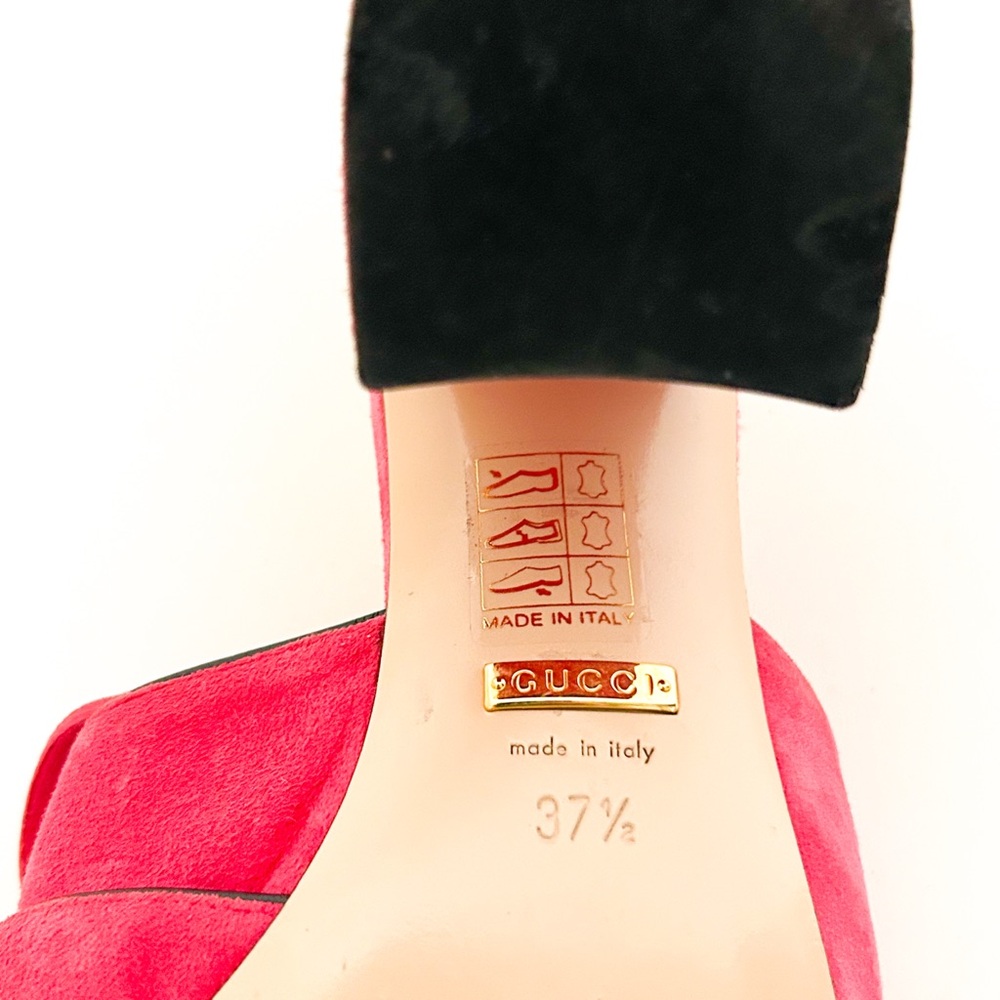 Gucci Marmont GG Logo Hot Pink Red Suede Fringed High Heeled Mules Slides 37.5 - Picture 10 of 12